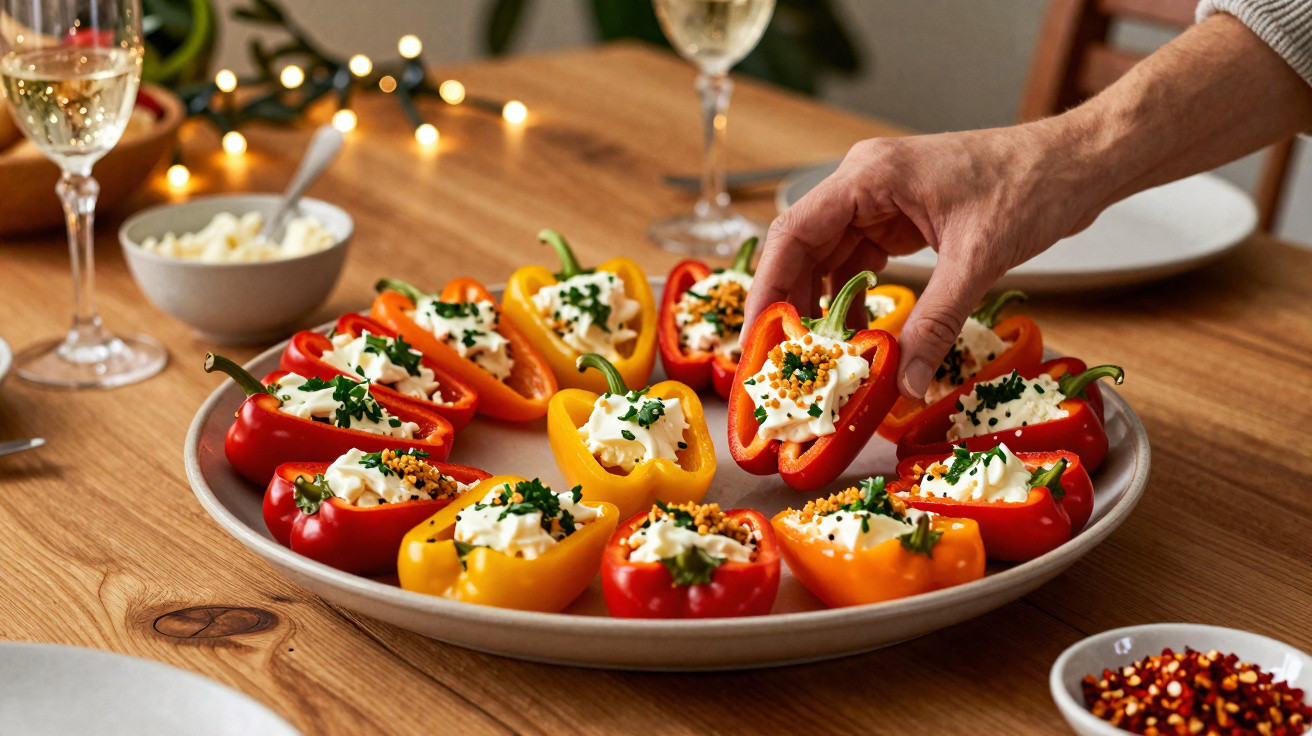 Prato com metades de pimentos coloridos recheados com queijo creme e ervas numa mesa de madeira.