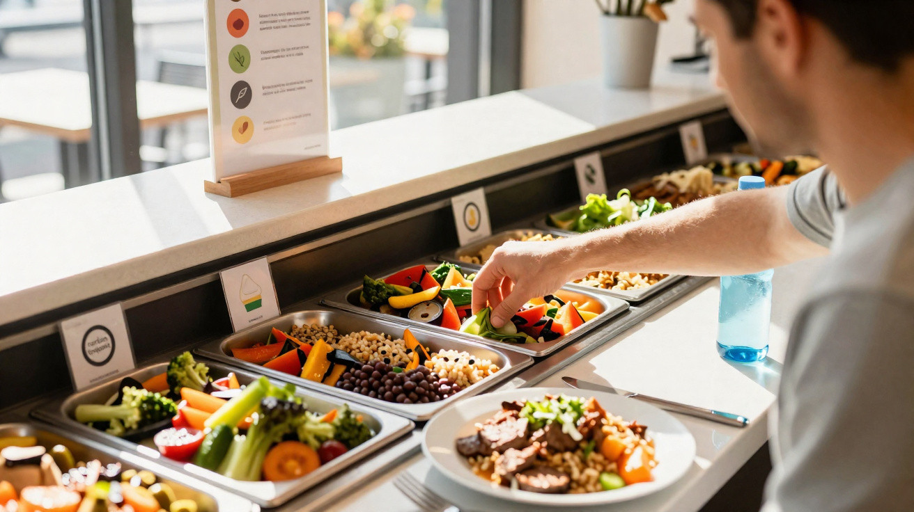 Pessoa a servir-se num buffet de saladas frescas e legumes variados num restaurante.