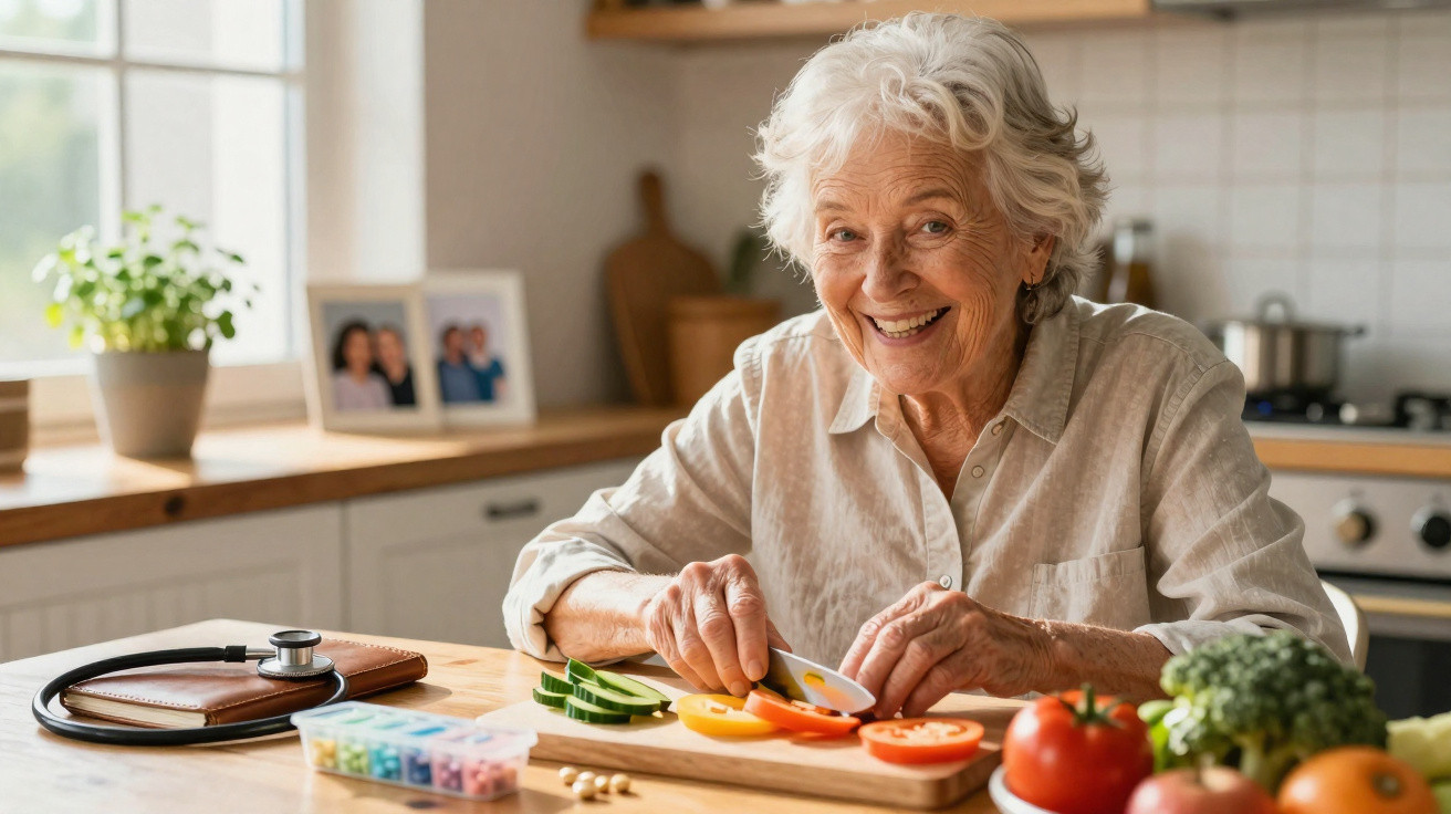 Idosa sorridente a cortar legumes numa cozinha iluminada e acolhedora.