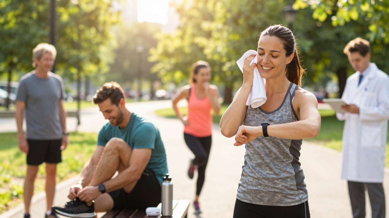 Mulher seca suor com toalha e vê relógio enquanto outros praticam exercício num parque ensolarado.