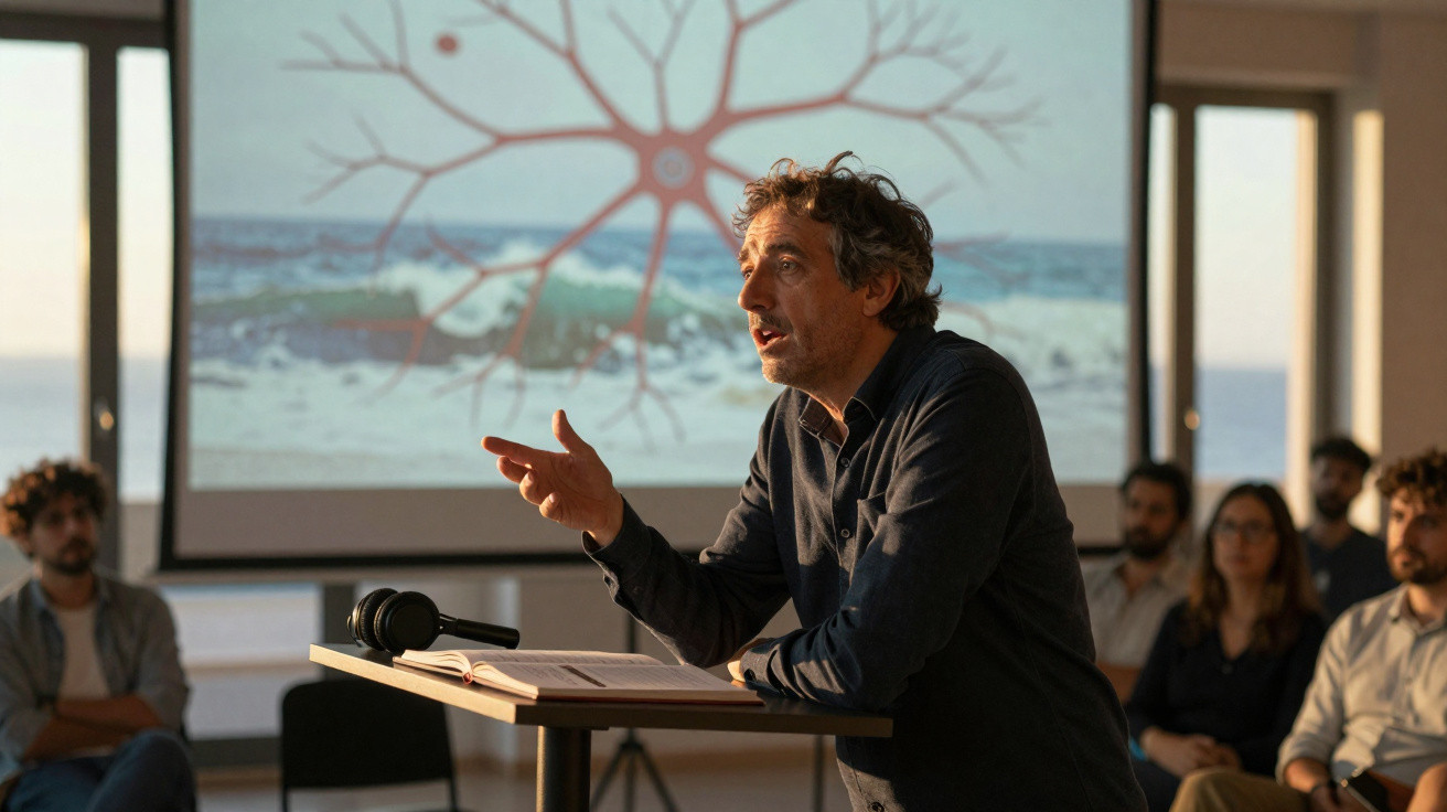 Homem dá palestra sobre neurociência para grupo de pessoas numa sala com projeção ao fundo.