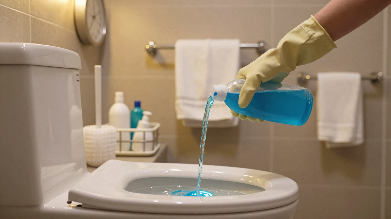 Mão com luva amarela a verter líquido azul de limpeza dentro de sanita num banheiro com toalhas brancas.