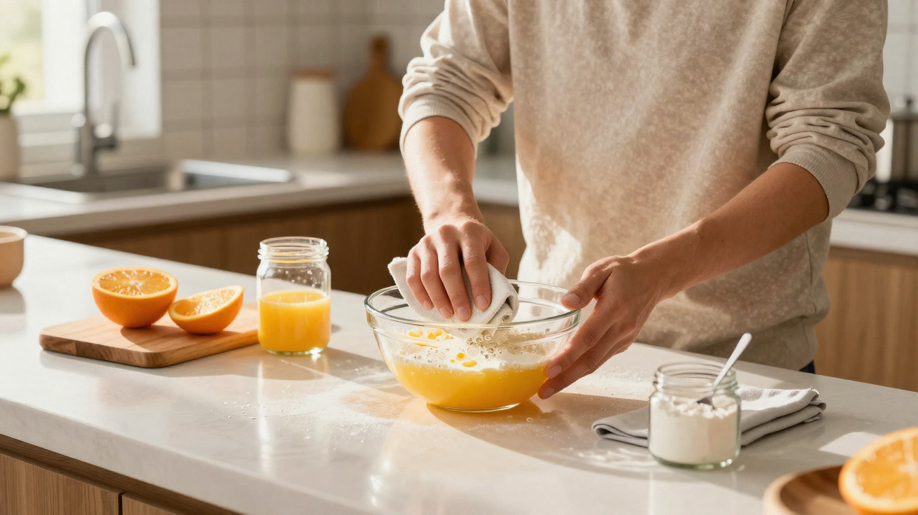 Pessoa a coar sumo de laranja numa tigela transparente numa cozinha iluminada.