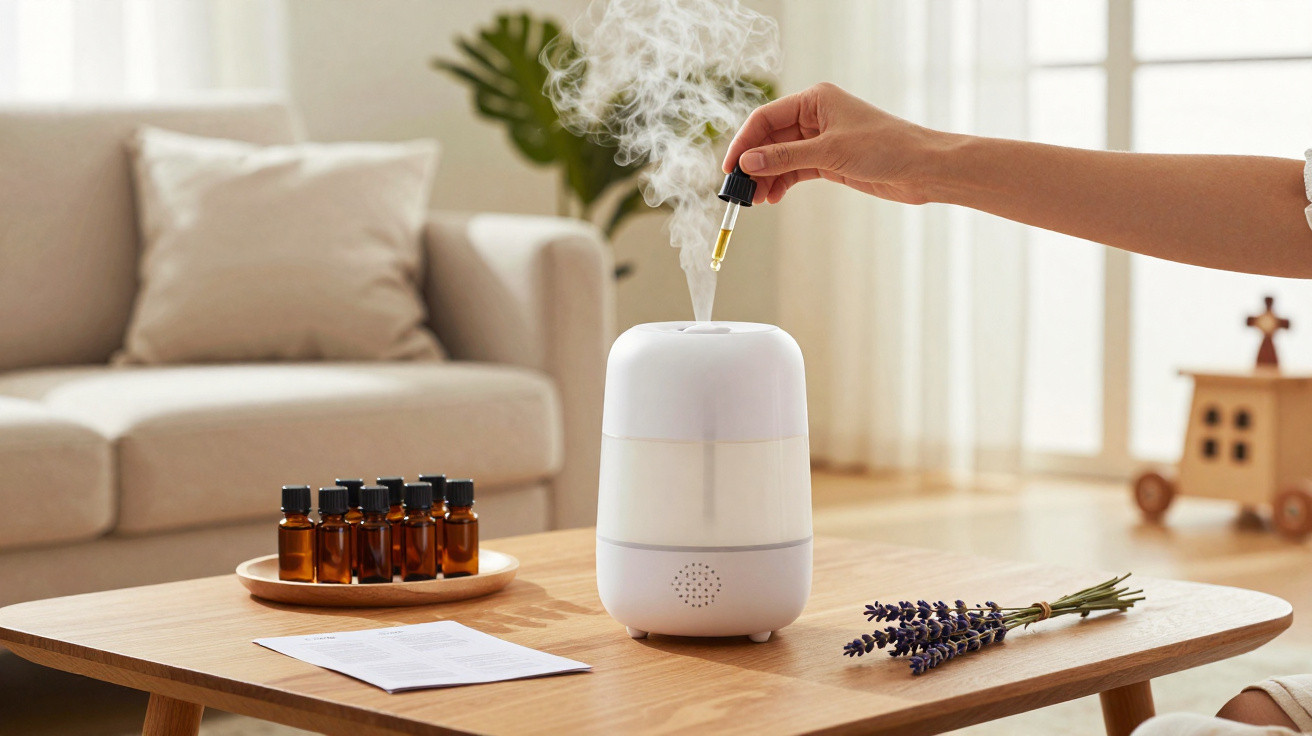 Humidificador branco a vapor com gotas de óleo essencial envolto em lótus de lavanda num ambiente de sala de estar.
