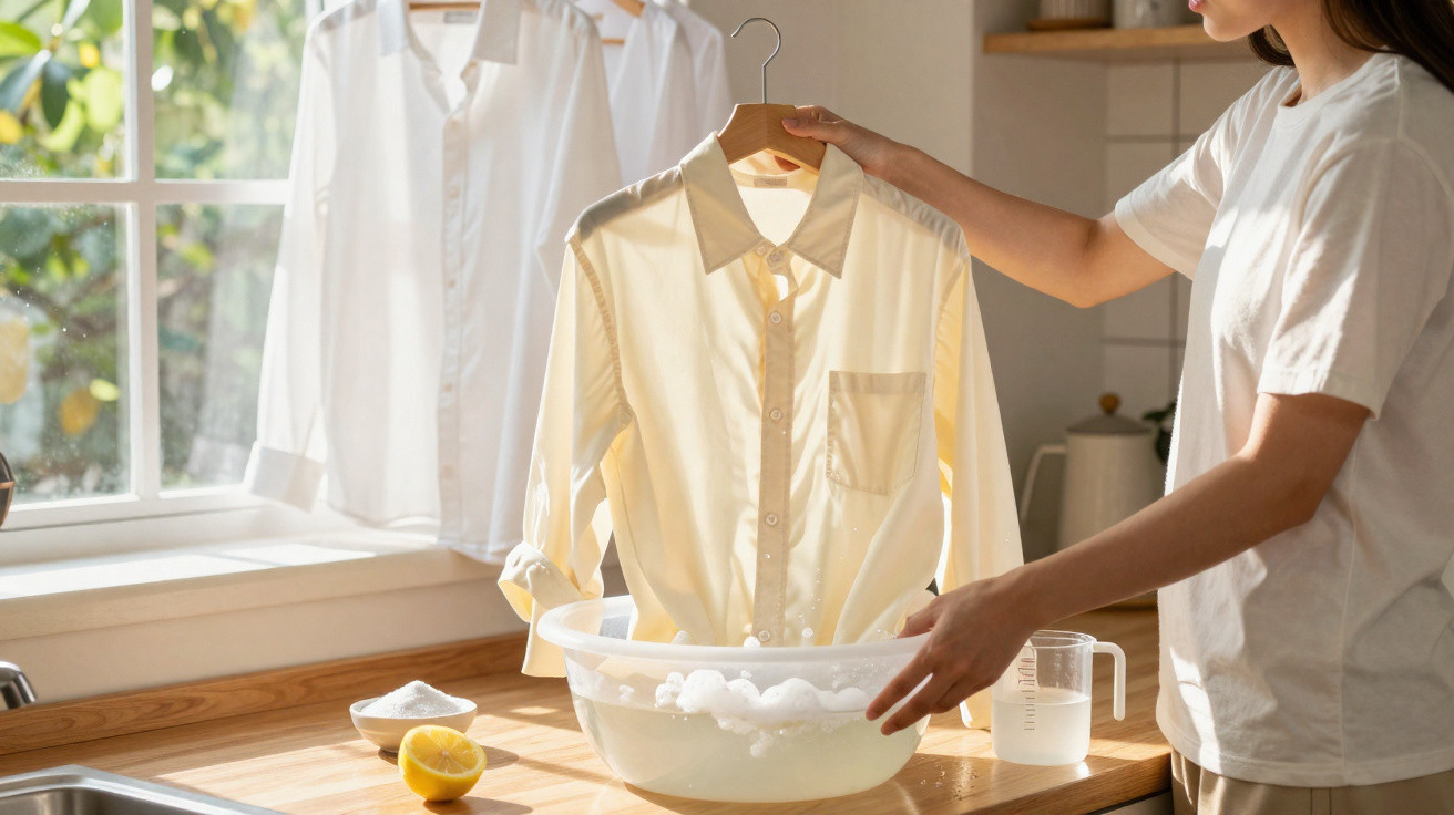 Pessoa a lavar camisas brancas à mão numa cozinha iluminada com produtos naturais sobre a bancada.
