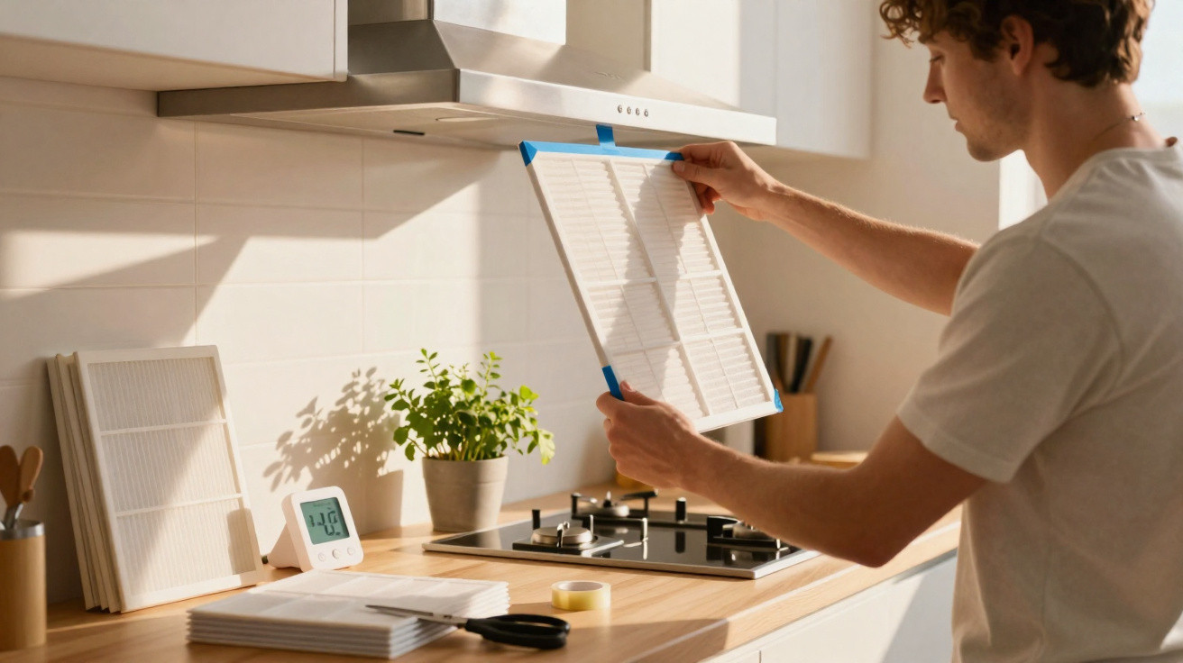 Homem a limpar e substituir filtro de exaustor na cozinha moderna clara.
