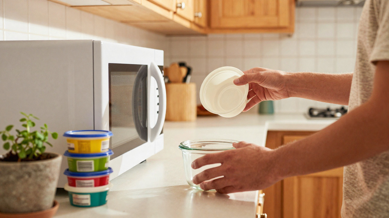 Pessoa a colocar tampa numa taça de vidro, numa cozinha com micro-ondas e vasos de plantas.