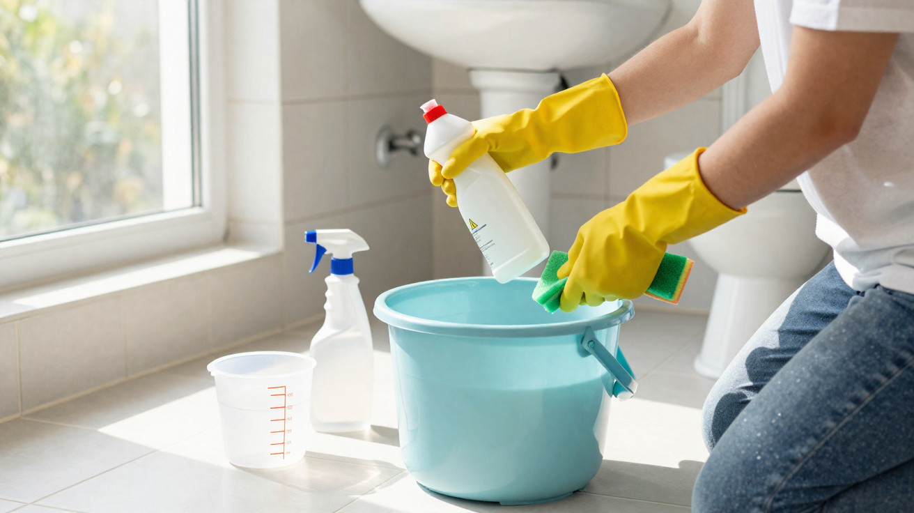 Pessoa com luvas amarelas a preparar produtos de limpeza junto a um balde azul num chão de casa de banho.