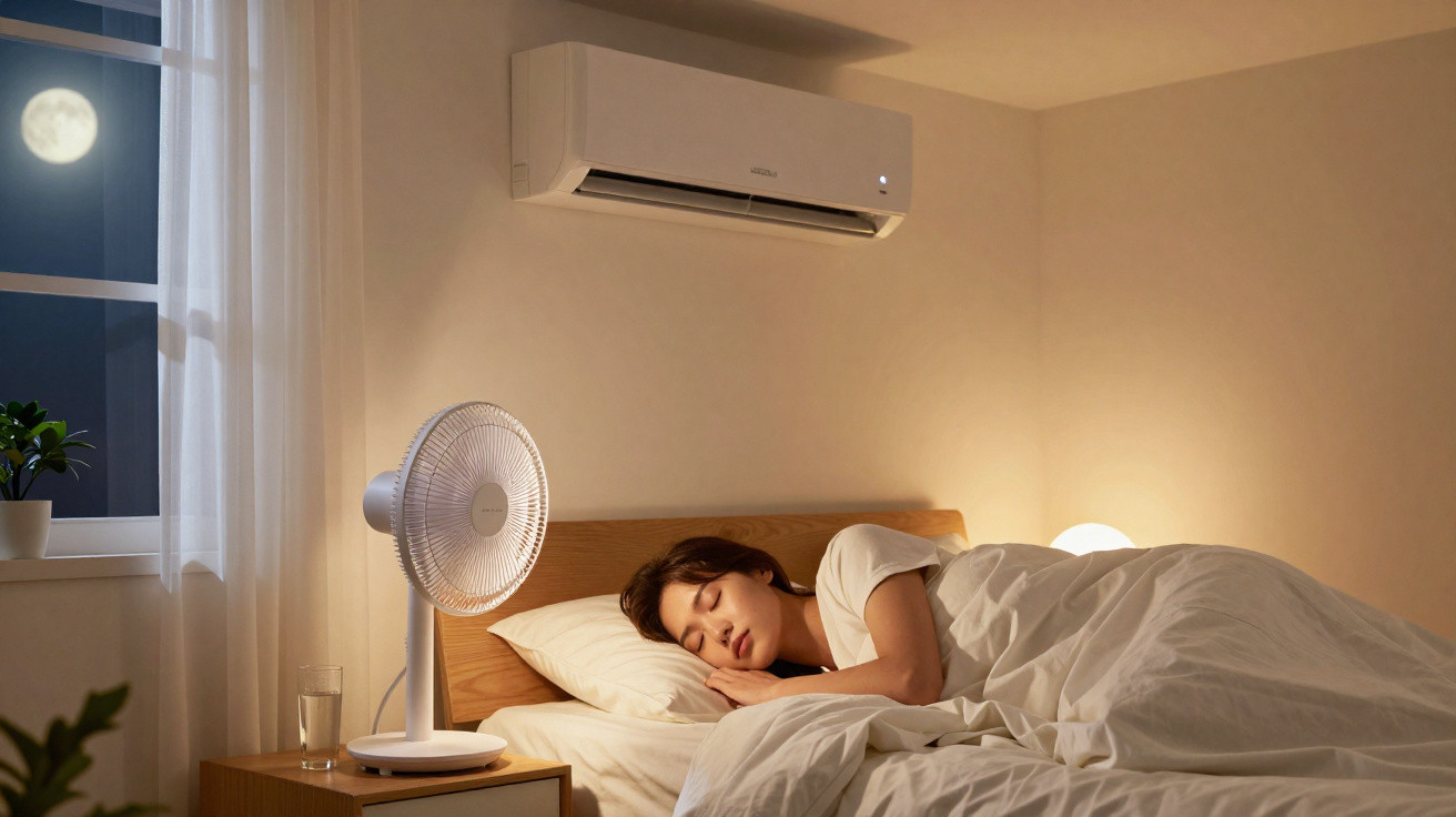 Mulher a dormir numa cama com ar condicionado e ventilador ligados durante a noite, janela aberta e lua visível.