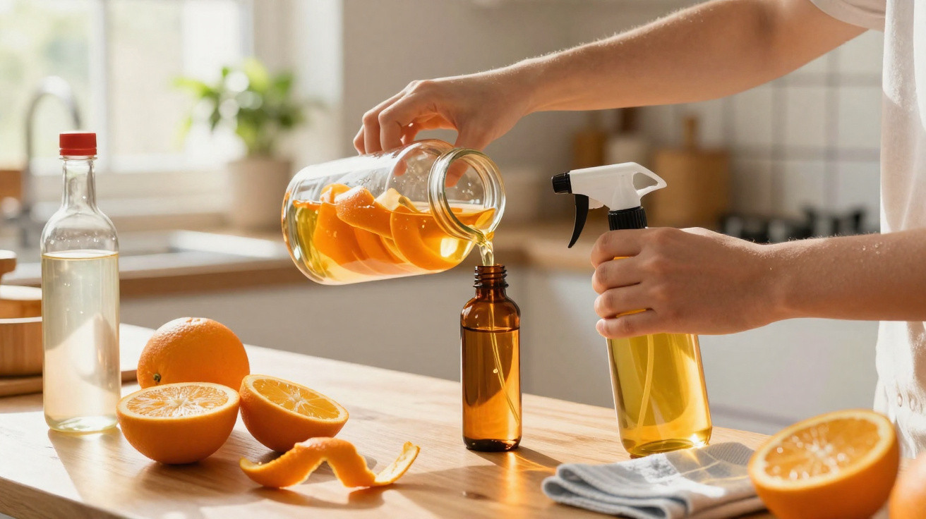 Pessoa a despejar líquido com cascas de laranja em frasco, com laranjas e produto de limpeza na bancada da cozinha.