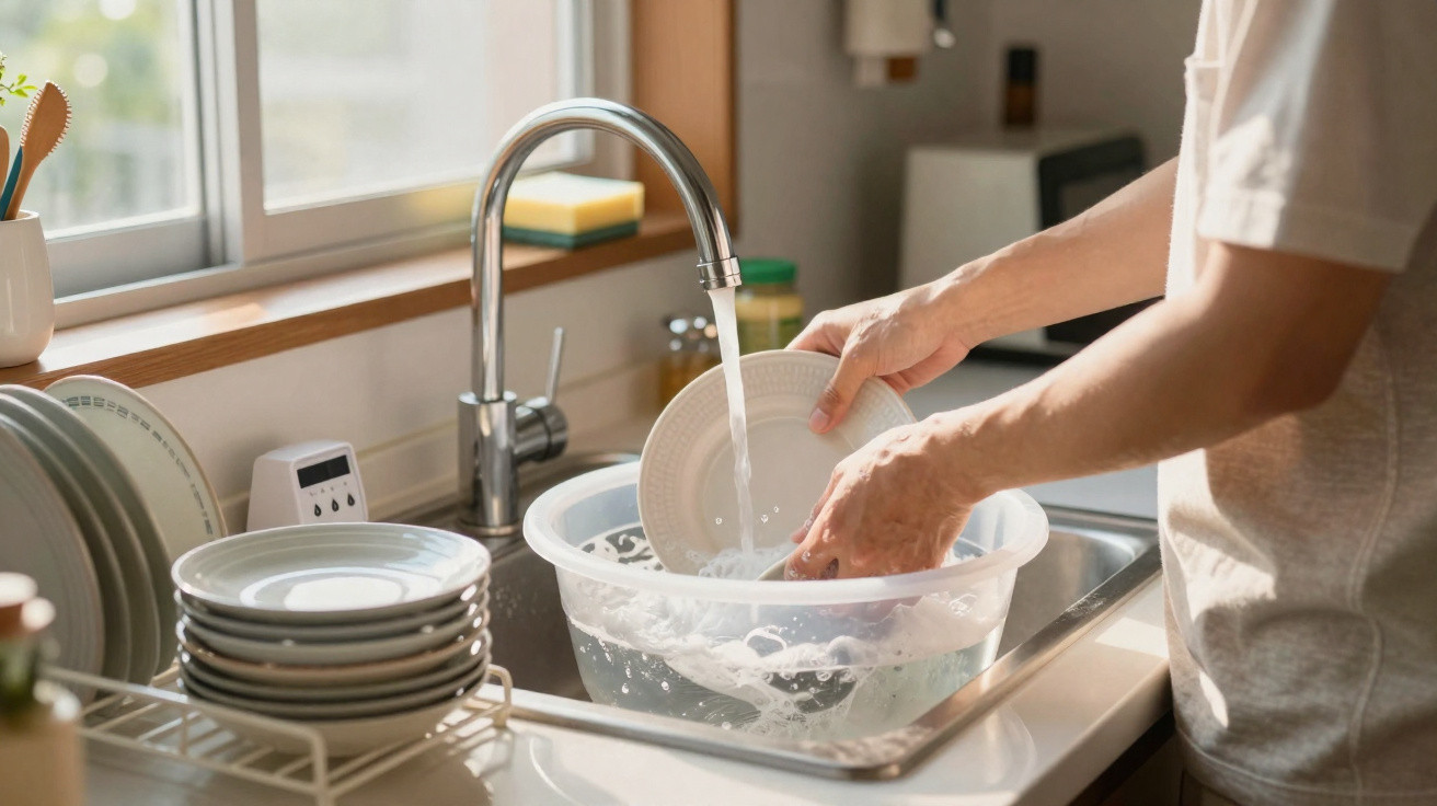 Pessoa a lavar loiça branca numa pia de cozinha com torneira a correr água natural.