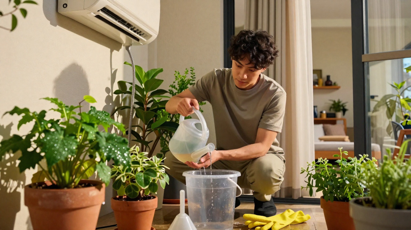 Jovem rega plantas em vasos dentro de casa num ambiente iluminado e acolhedor.