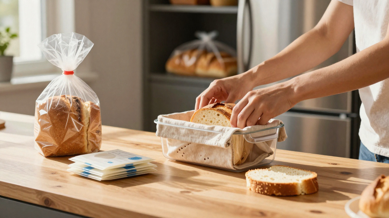 Pessoa a colocar fatias de pão dentro de uma caixa de armazenamento na cozinha.