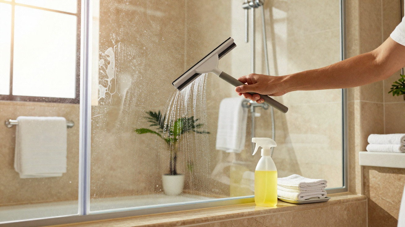 Pessoa a limpar um vidro de casa de banho com um rodo, spray amarelo e toalhas empilhadas ao lado.