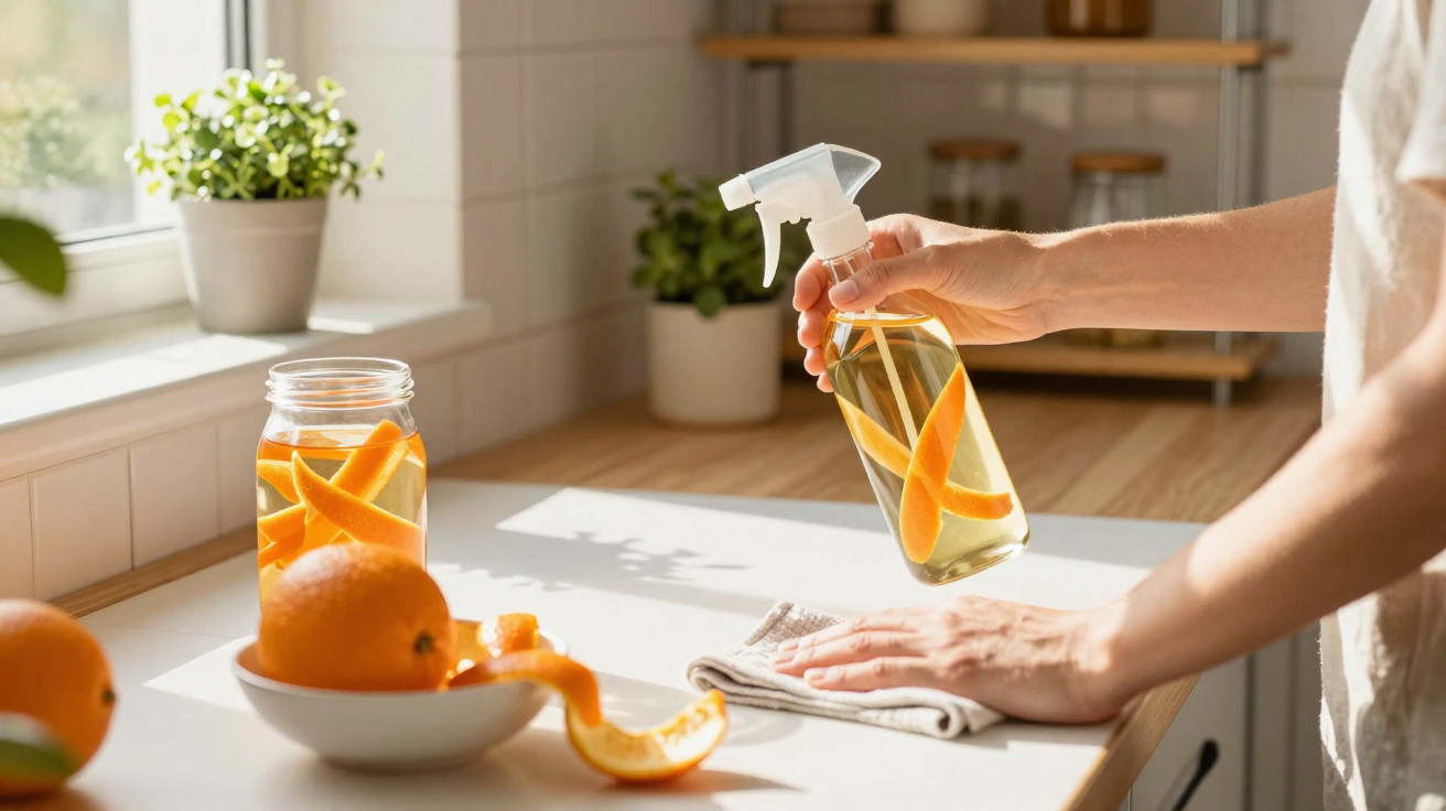 Mãos seguram pulverizador com limão para limpeza em cozinha iluminada com plantas e frutas à janela.