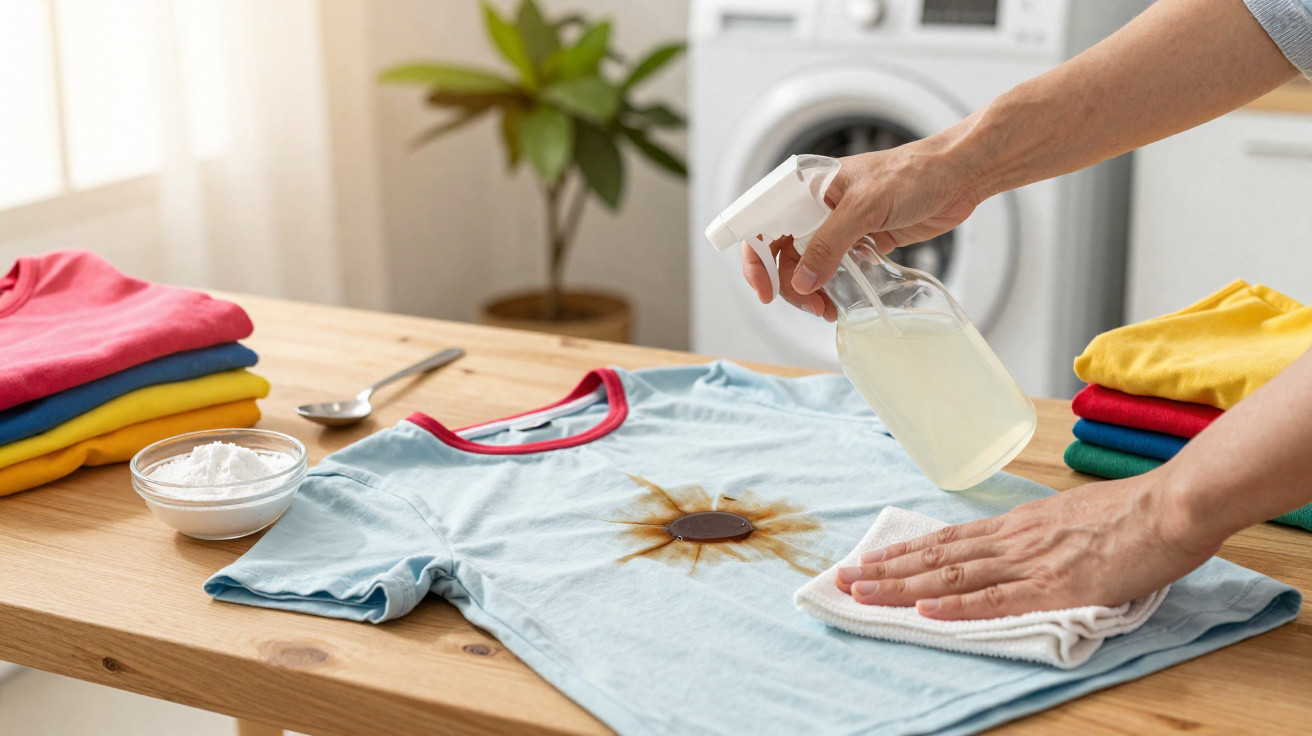 Pessoa a aplicar spray removedor de nódoas numa t-shirt azul com nódoa visível sobre mesa de madeira.