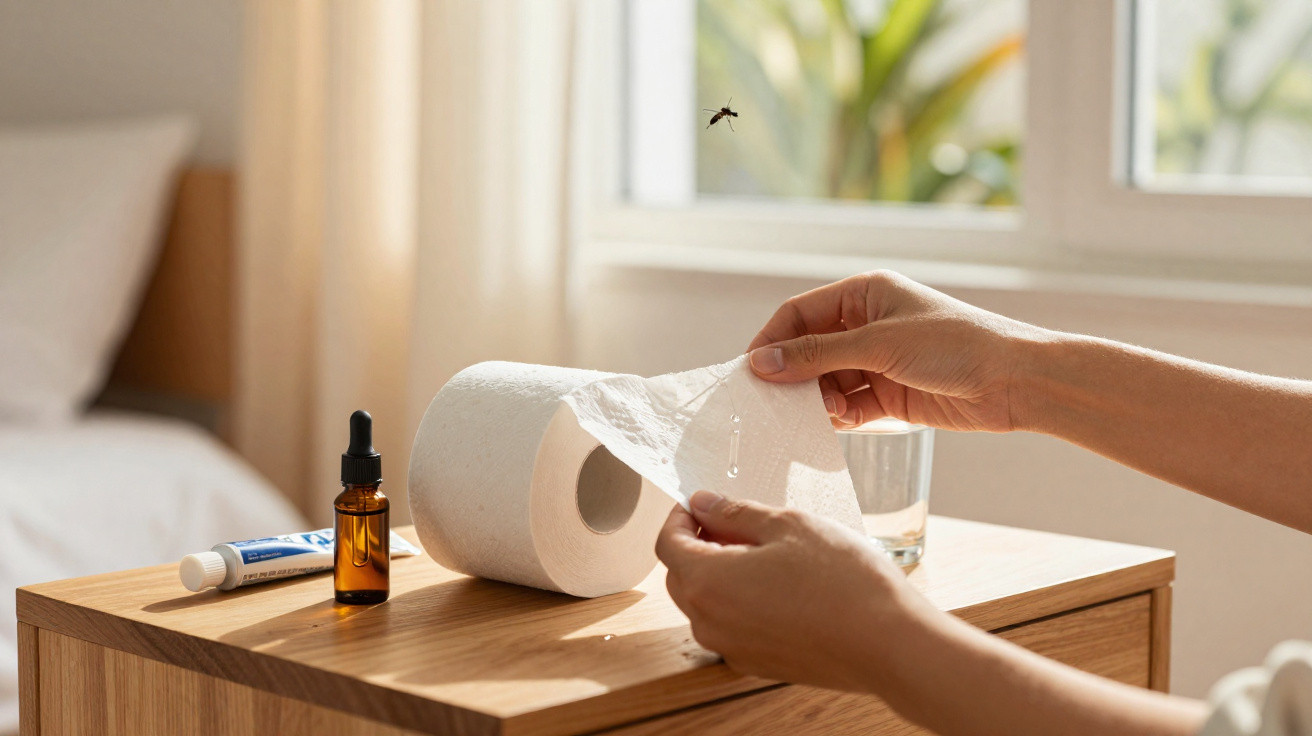 Mãos a preparar papel higiénico com gotas, numa mesa com remédios e vidro de água, mosquito voando perto da janela.