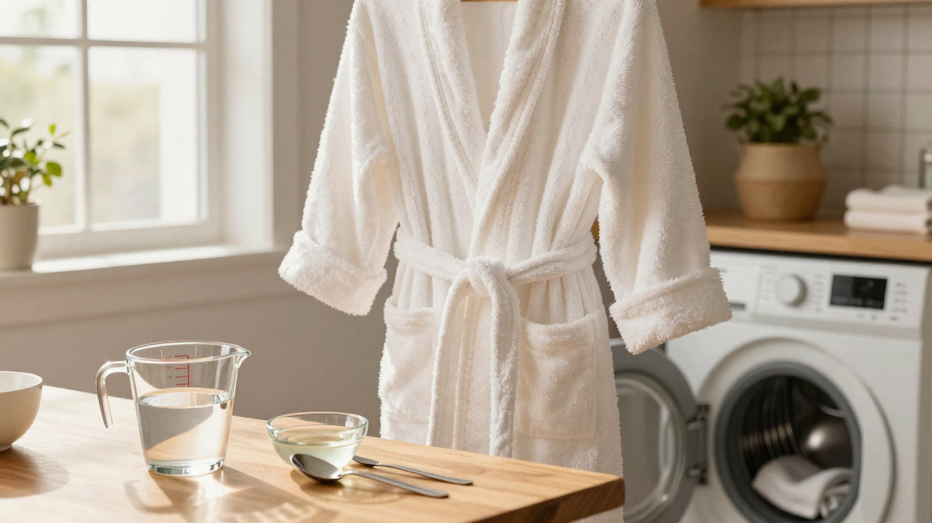 Roupão branco pendurado numa cozinha luminosa com máquina de lavar roupa ao fundo e jarro de água na mesa.