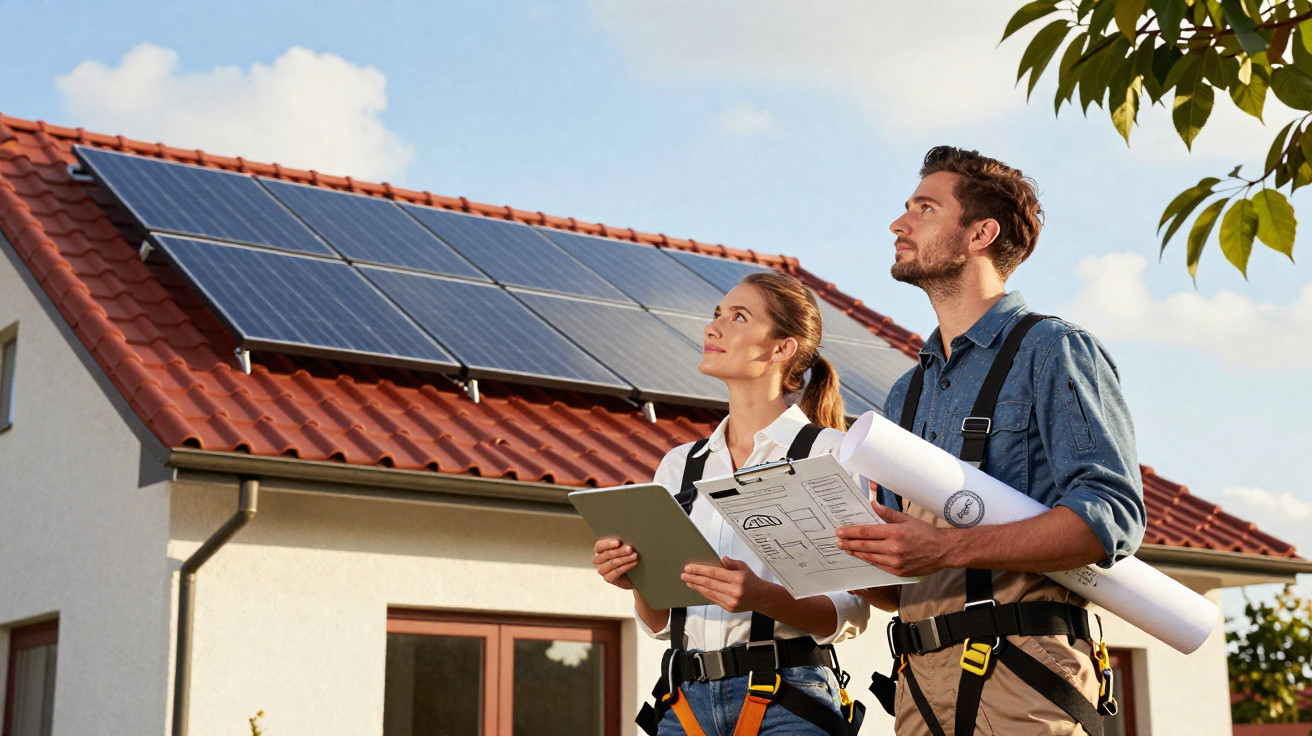 Duas pessoas com equipamento de segurança observam painéis solares instalados no telhado de uma casa.