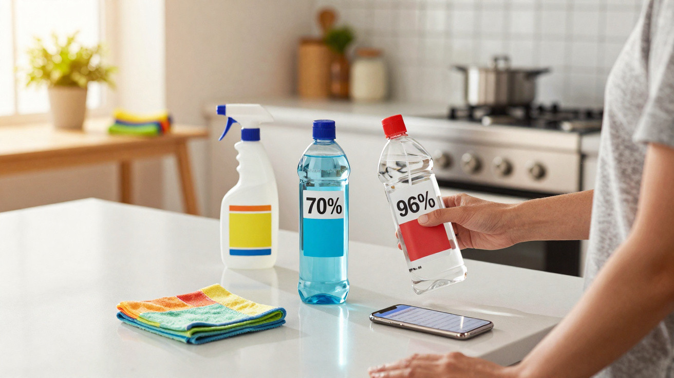 Mãos seguram garrafa com álcool 96% perto de produtos de limpeza numa cozinha moderna.