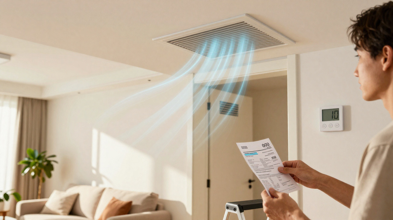 Pessoa a ajustar ar condicionado de teto numa sala de estar moderna com sofá e plantas.