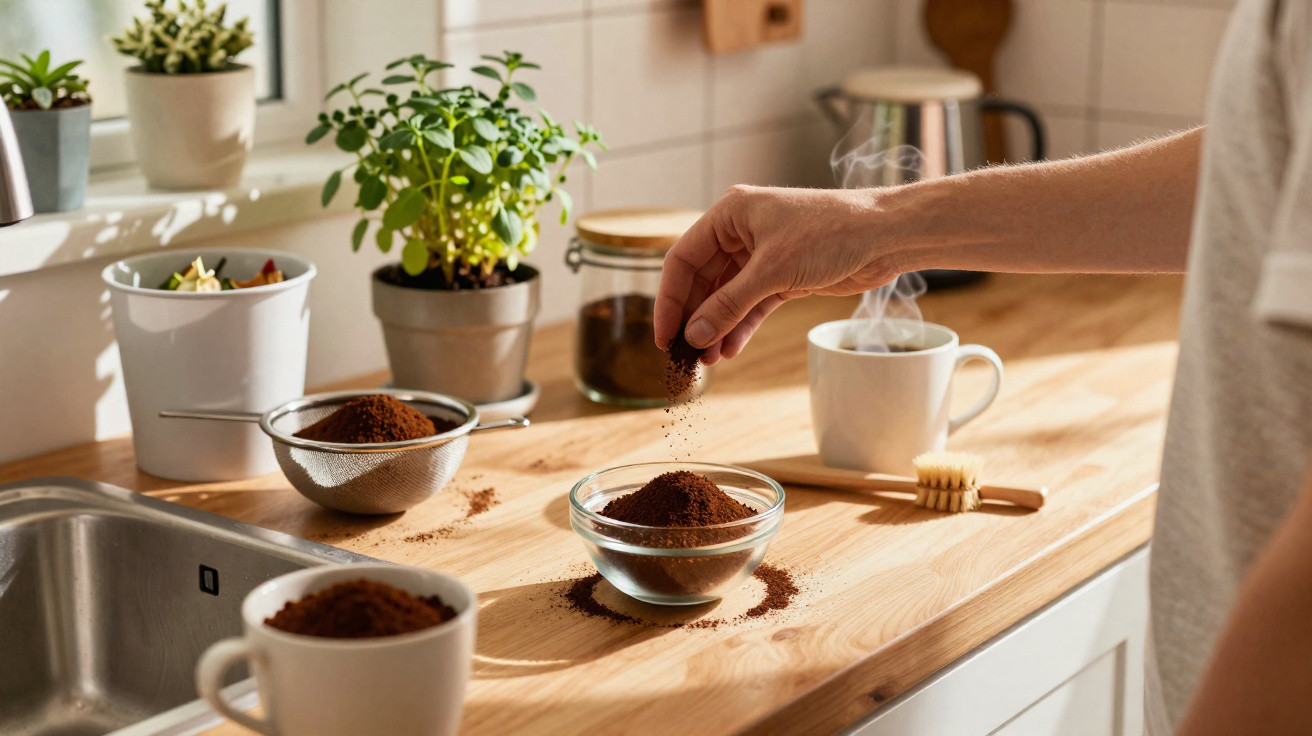 Pessoa a preparar café com pó de café numa cozinha iluminada, com plantas no fundo.