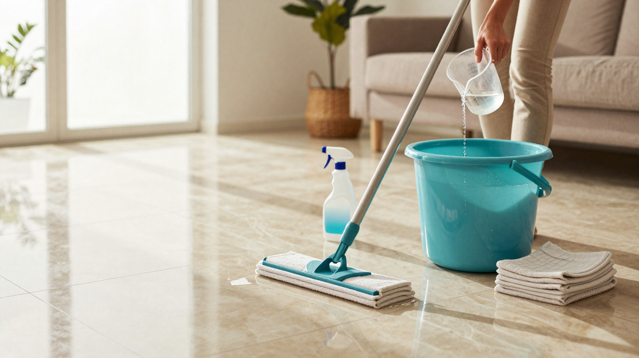Pessoa a despejar água num balde azul para limpar chão de azulejos brilhantes numa sala com sofá e plantas.