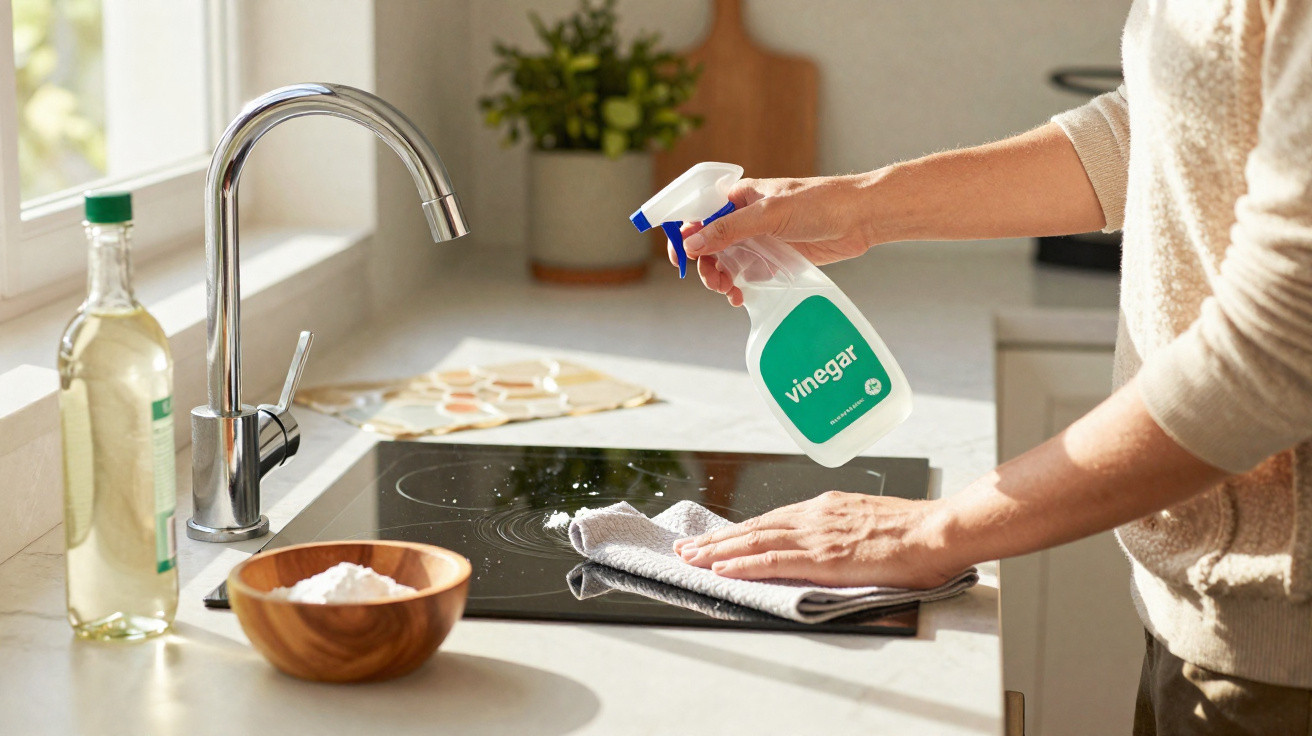 Pessoa a limpar placa de fogão com spray de vinagre e pano numa cozinha moderna.