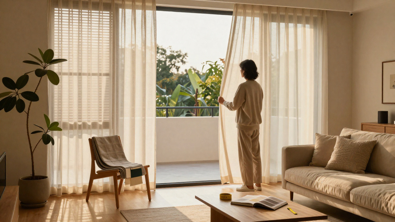 Pessoa a abrir cortinas de vidro para varanda em sala de estar com luz natural suave e decoração neutra.