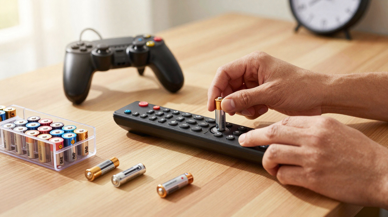 Mãos a colocar pilha AA numa caixa de comandos remotos, com pilhas e comando de videojogos ao fundo numa mesa de madeira.