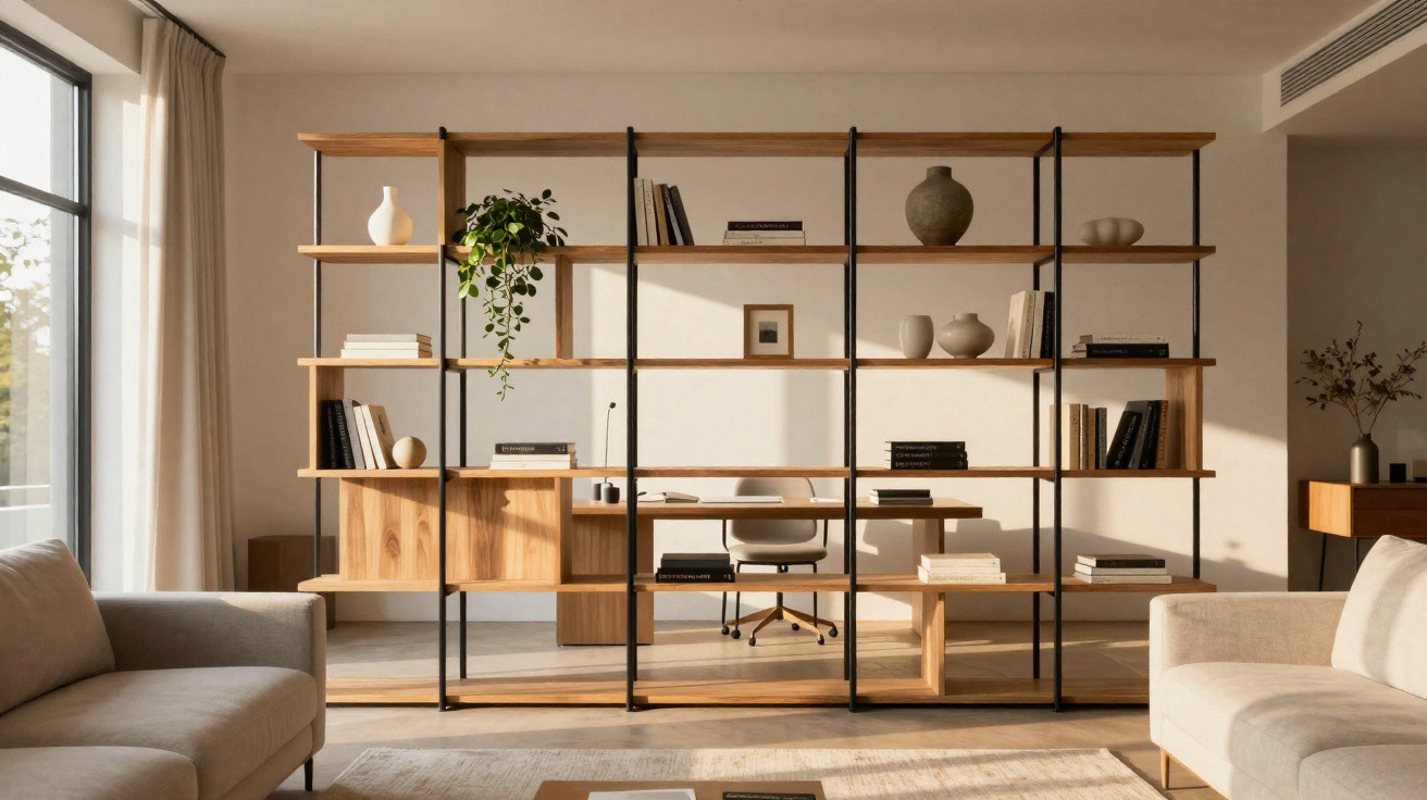 Sala luminosa com estantes de madeira e metal, decoração minimalista e duas sofás beges opostos.
