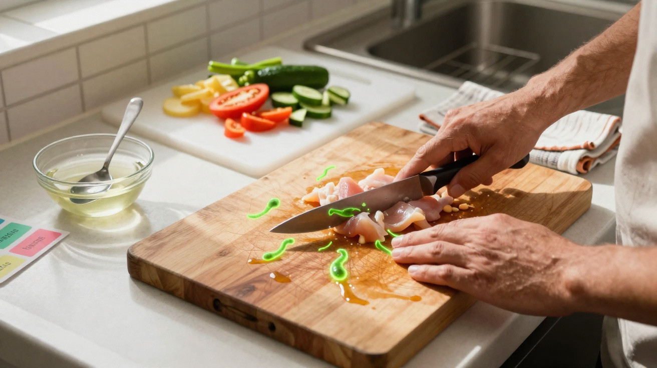 Pessoa a cortar frango cru numa tábua, com legumes cortados ao fundo e bactérias verdes desenhadas.
