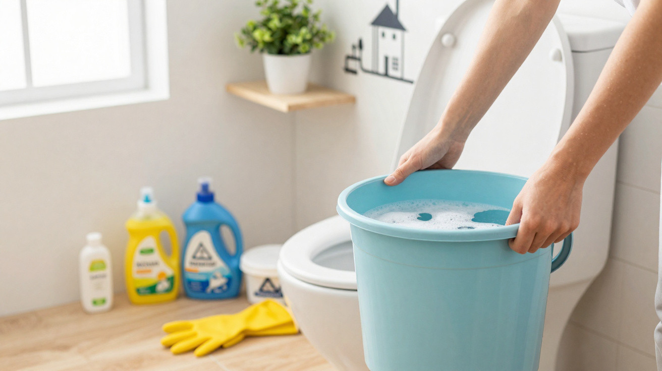 Pessoa a segurar balde azul com água e espuma num banheiro com produtos de limpeza no chão.