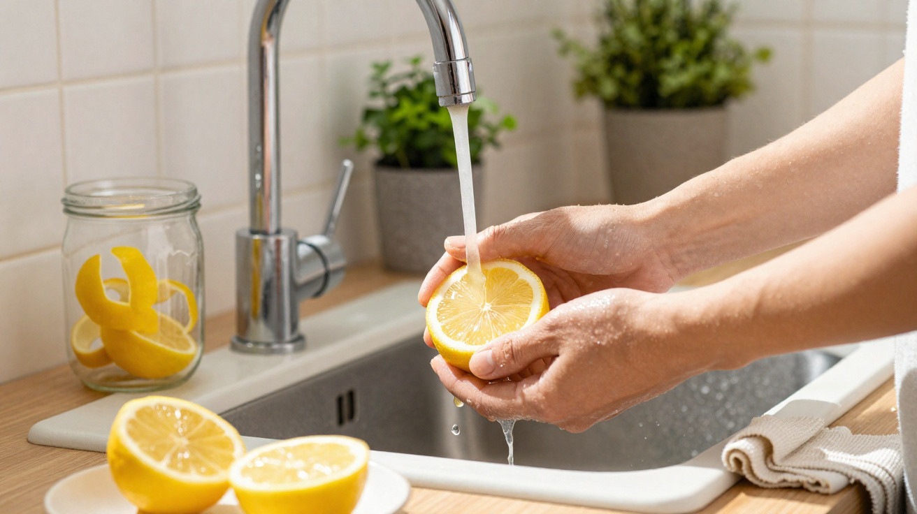 Mãos a lavar meio limão debaixo de torneira numa cozinha com limões cortados e vidro com cascas.