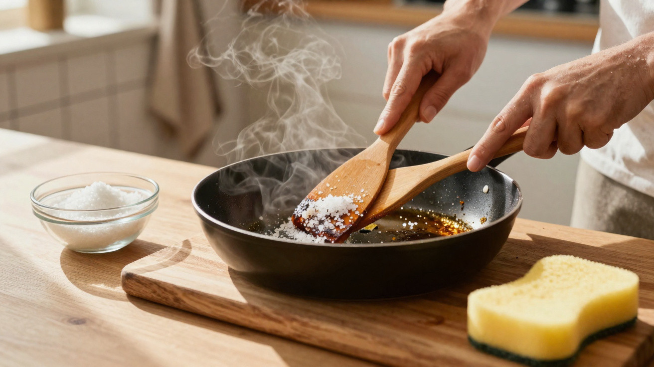 Pessoa a mexer sal numa frigideira fumegante com duas colheres de pau na cozinha.