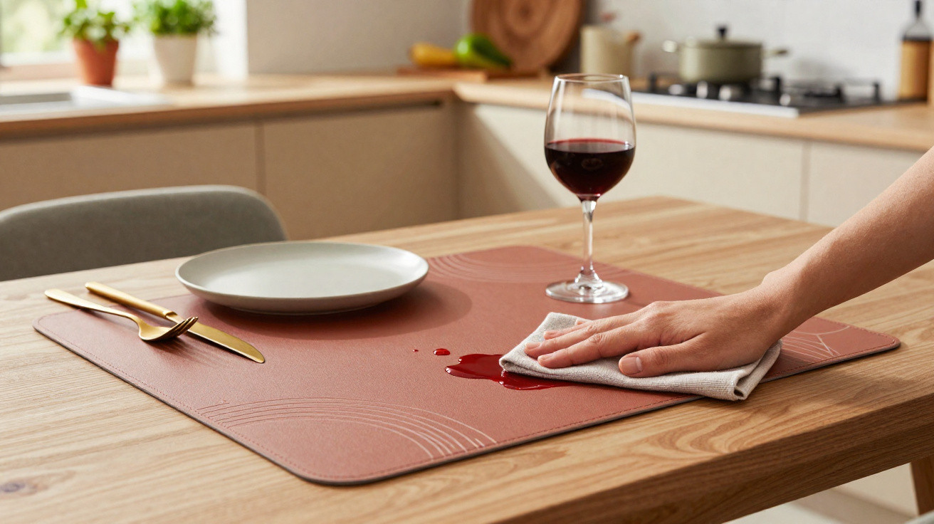 Pessoa a limpar um pingo de vinho tinto derramado numa mesa com prato, talheres e copo de vinho.