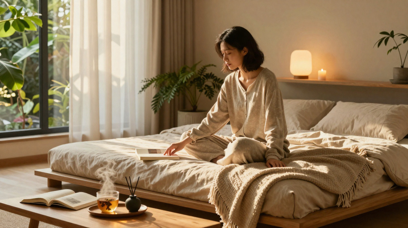 Mulher sentada na cama a ler, num quarto iluminado com plantas e luz natural suave.