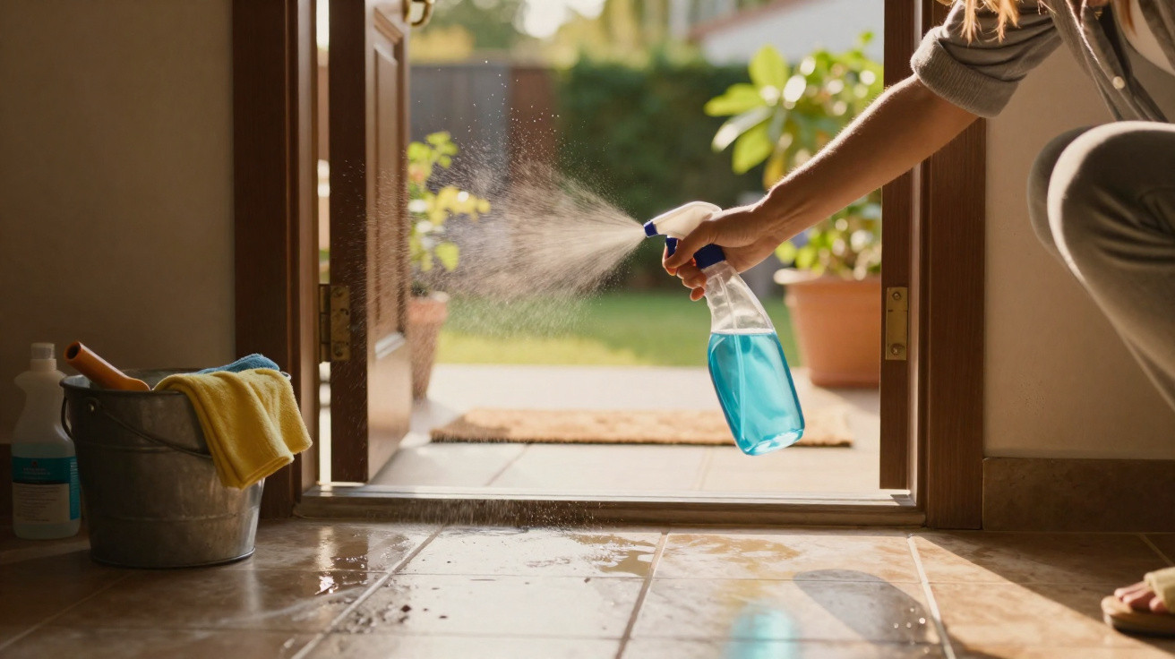 Pessoa a limpar chão com pulverizador azul junto à porta aberta para o exterior, com balde e panos à esquerda.