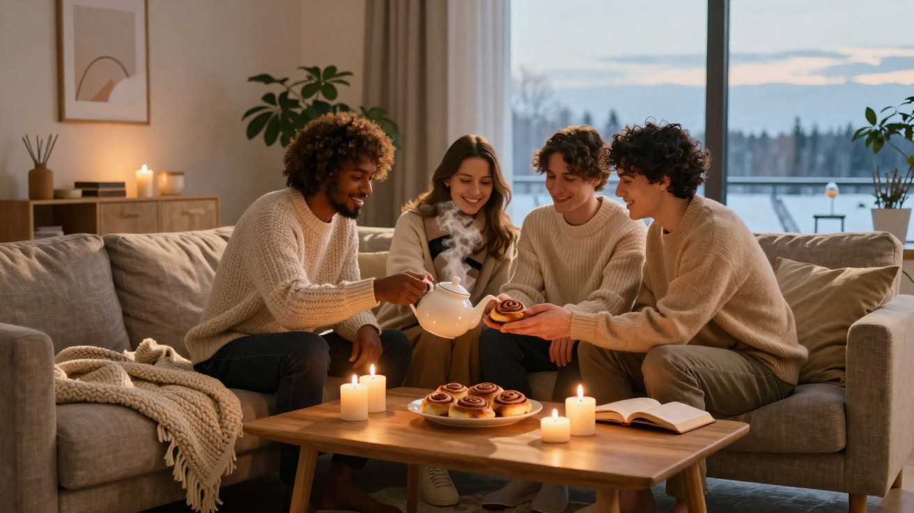 Quatro amigos sentados no sofá, a beber chá e comer doces, rodeados por velas acesas numa sala acolhedora.