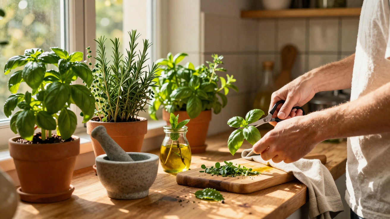 Pessoa a cortar ervas aromáticas frescas numa cozinha iluminada com vasos e utensílios de cozinha.