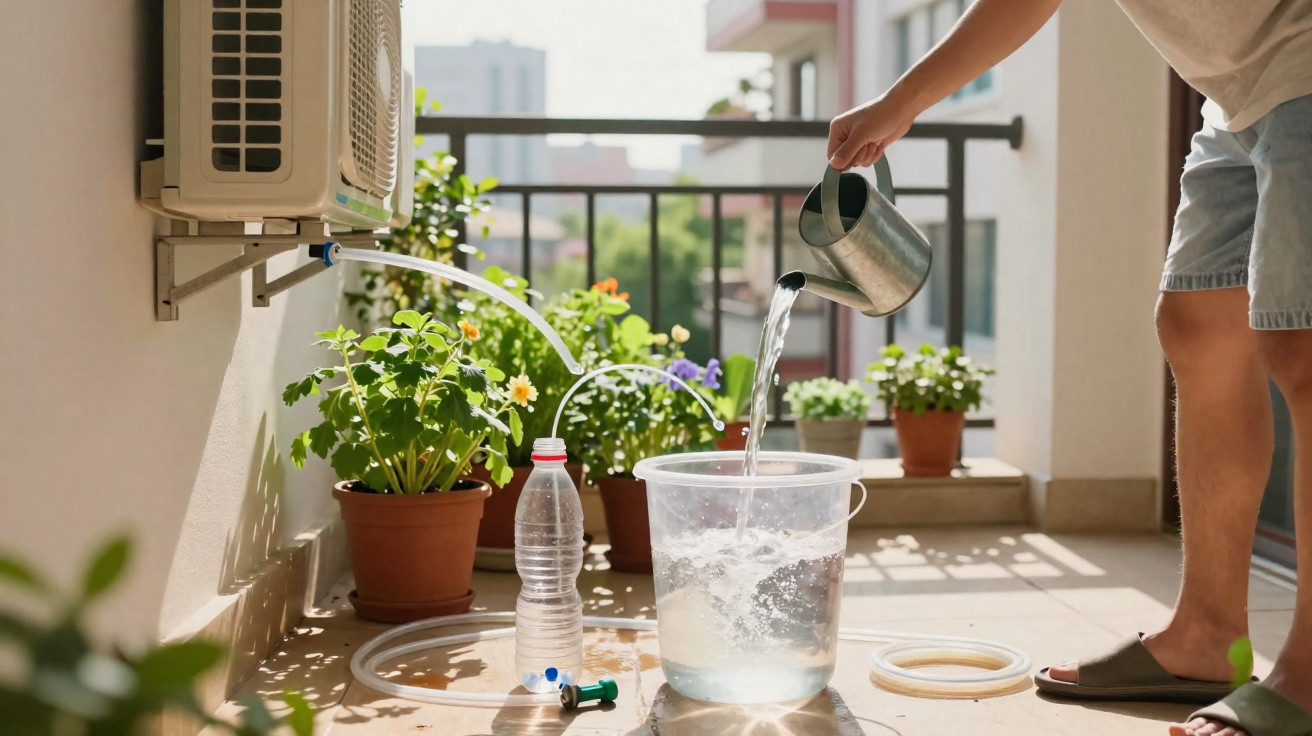 Homem a regar plantas com água recolhida do ar condicionado num balde num terraço iluminado.