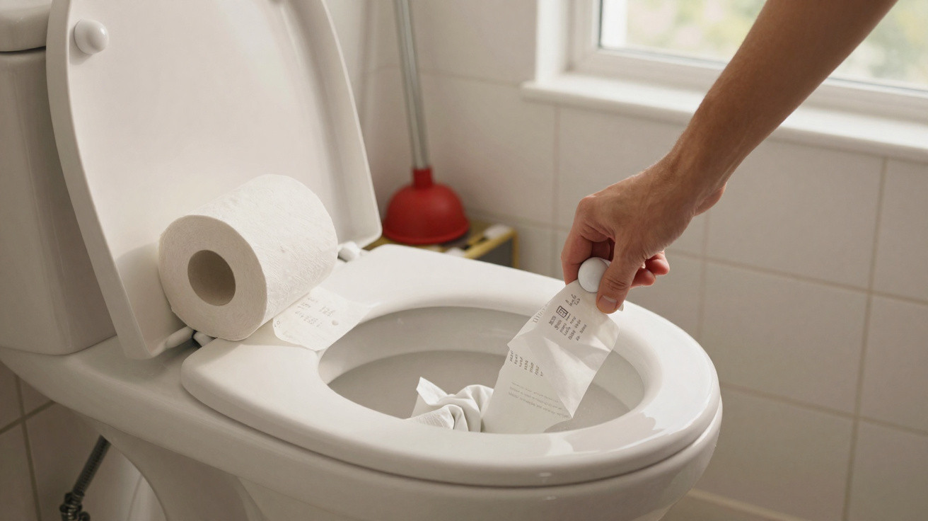 Mão a deitar papel numa sanita com uma rolo de papel higiénico em cima do assento aberto.
