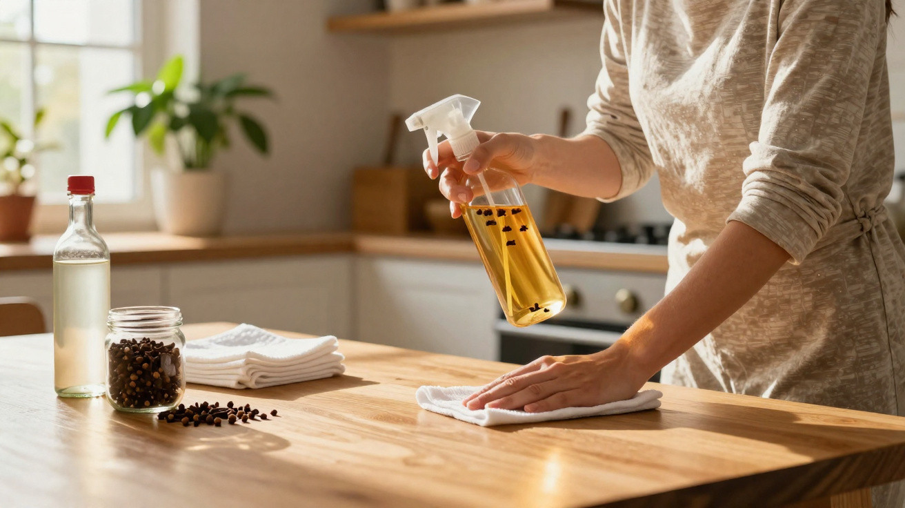 Pessoa a limpar uma mesa de cozinha com pano e spray caseiro com cravinhos dentro.