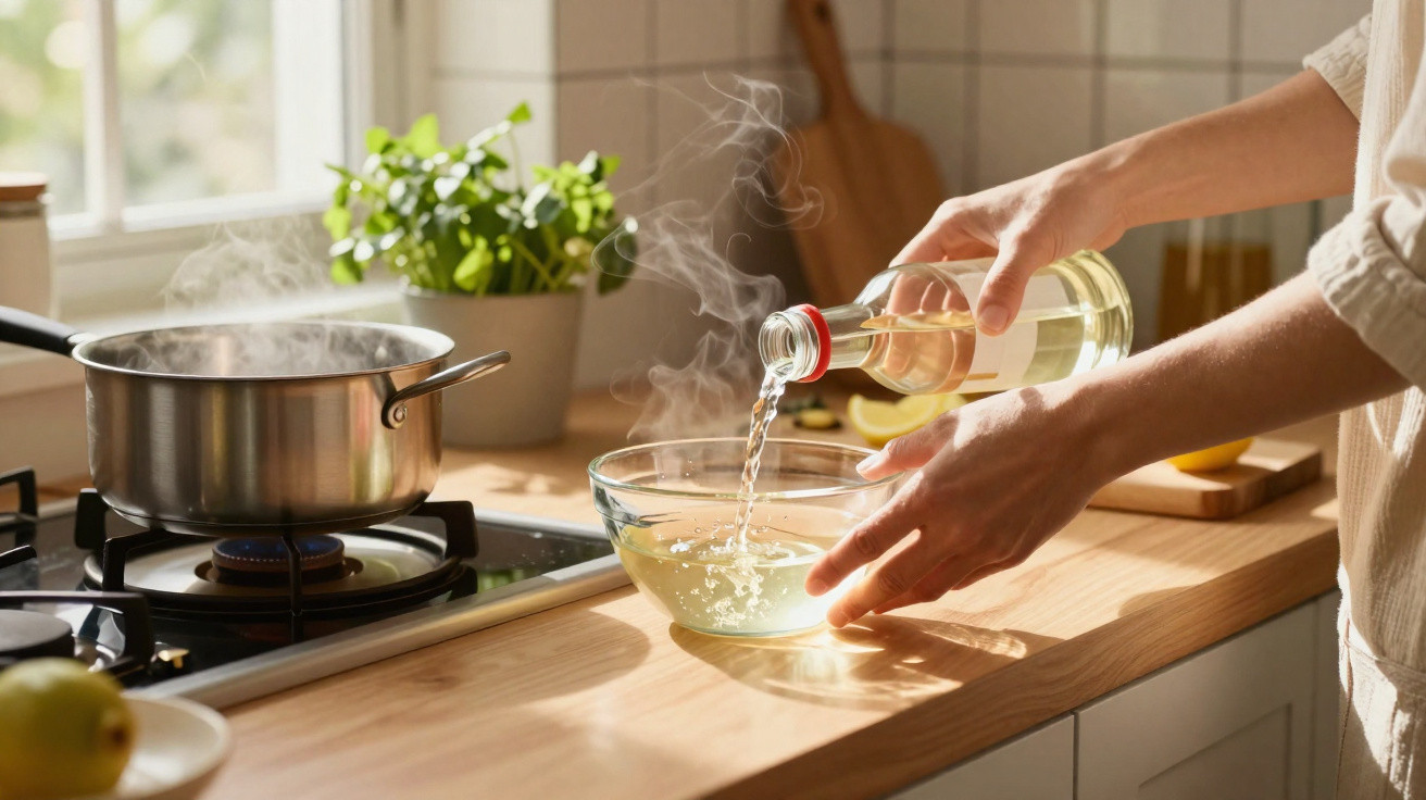 Pessoa a despejar líquido numa tigela de vidro na cozinha com panela a ferver no fogão.