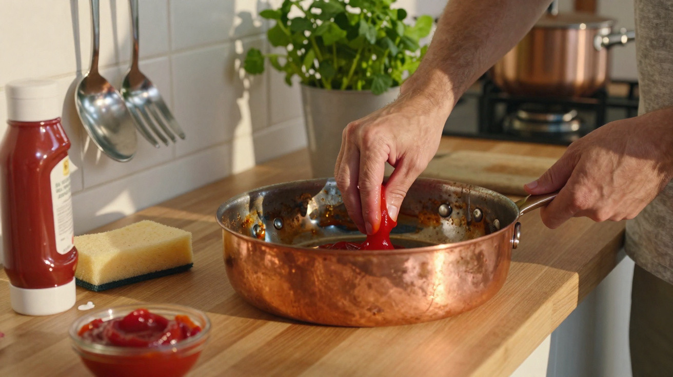 Pessoa a colocar ketchup numa frigideira de cobre numa cozinha com bancada de madeira.