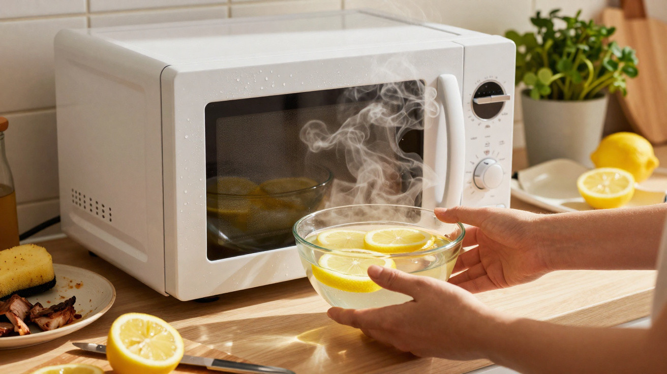 Pessoa a retirar tigela de vidro com água quente e rodelas de limão de um micro-ondas branco na cozinha.