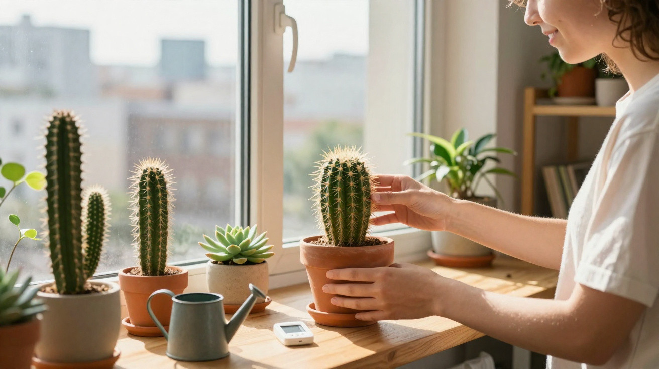 Pessoa cuida de cactos e plantas suculentas numa janela com luz natural dentro de casa.