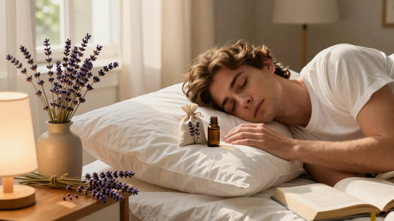 Homem a dormir na cama com aromaterapia de lavanda e livro aberto numa manhã iluminada suavemente.