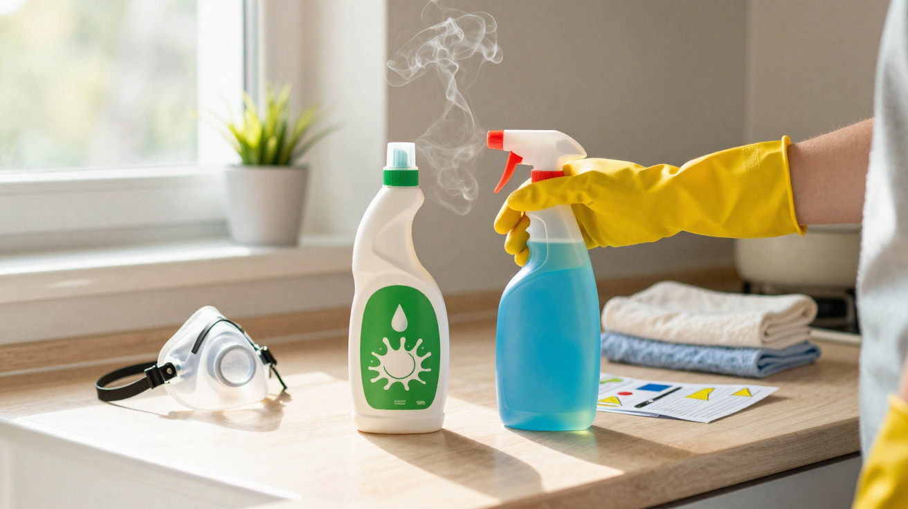 Frasco de detergente a libertar vapor e mão com luva amarela a segurar pulverizador azul sobre bancada de cozinha.